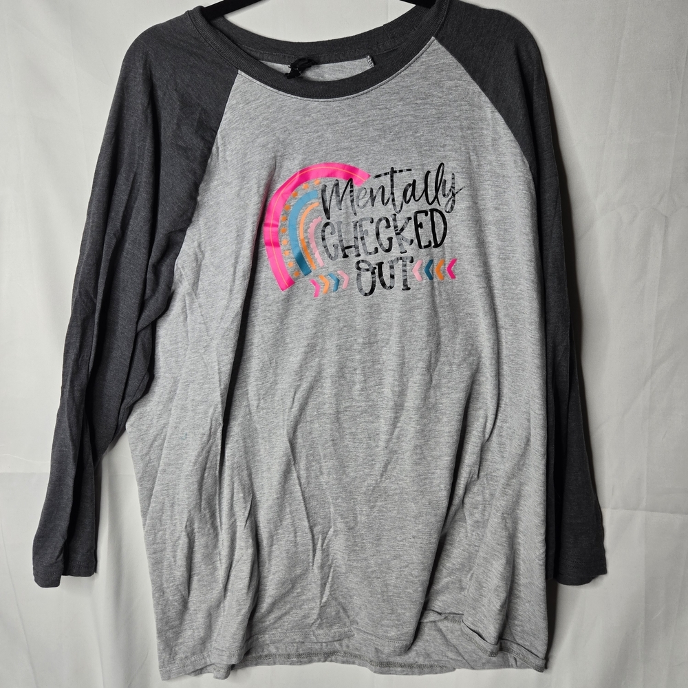 Gray and Black Long Sleeve Graphic Tee Baseball Henley Rainbow Mental Health